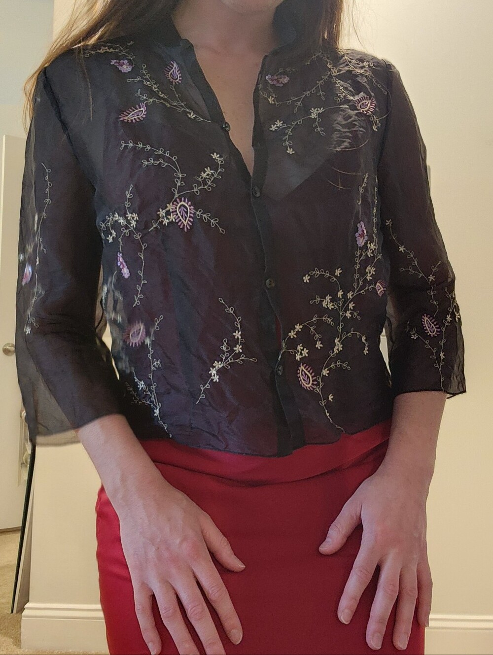 Kay Unger 100% Silk Embroidered Sheer Blouse Top Black Floral Beaded Vintage